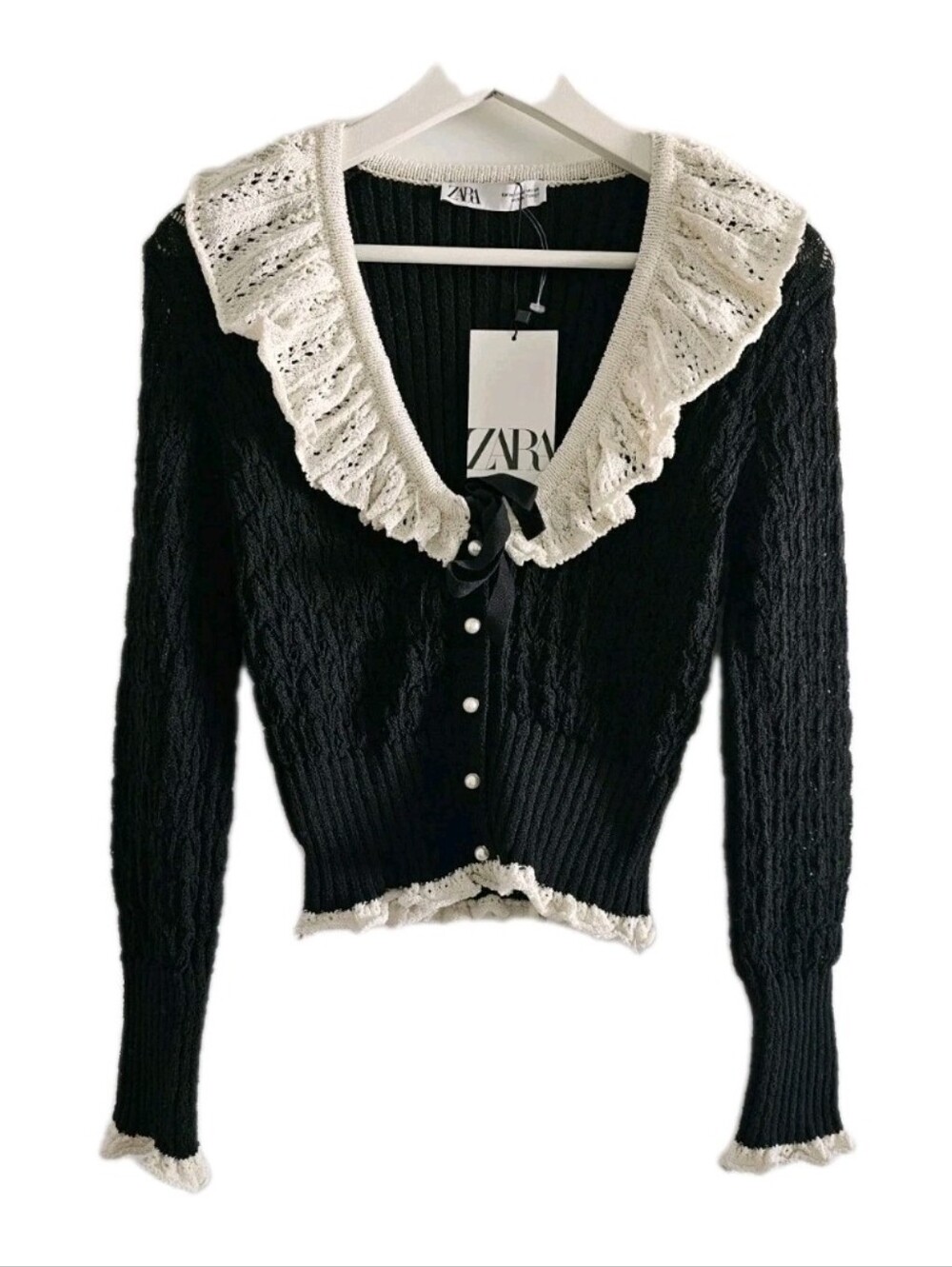Zara Black Knit Cardigan with Cream Ruffled Collar Size M - Picture 2 of 5